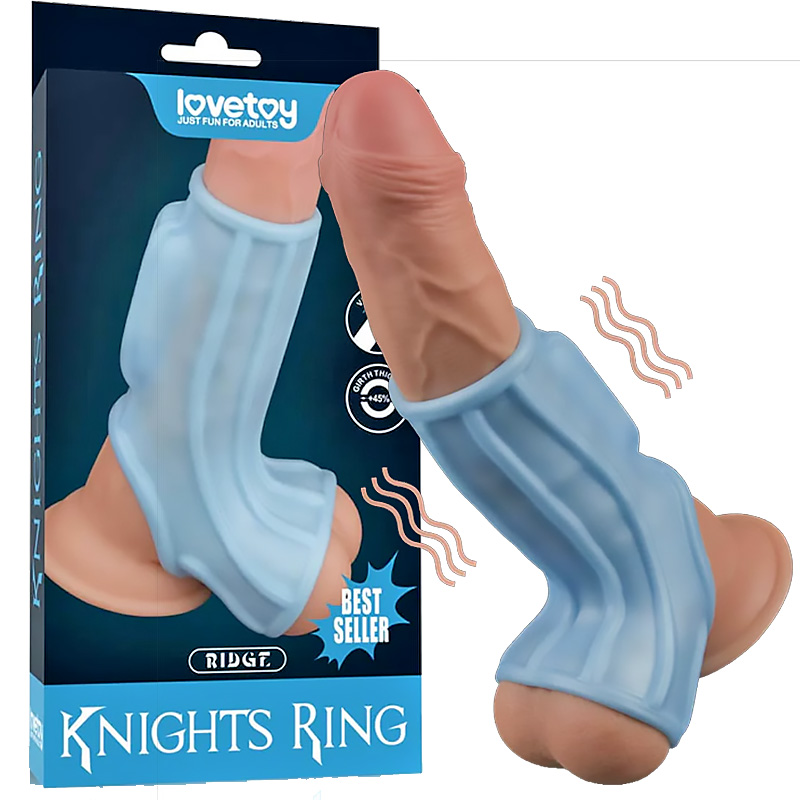 НАСАДКА НА ПЕНИС С ВИБРАЦИЕЙ С РУКАВОМ ДЛЯ МОШОНКИ LOVETOY RIDGE KNIGHTS RING ГОЛУБАЯ